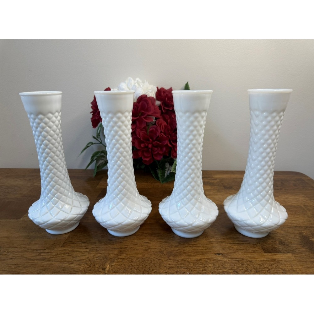 Vintage Milk Glass Vases – Quilted Diamond Pattern Set of Four Wedding Decor